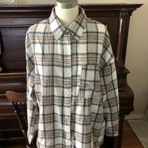 New Cream Navy Brown Plaid Flannel Button Front Long Sleeve Top S L Small Large